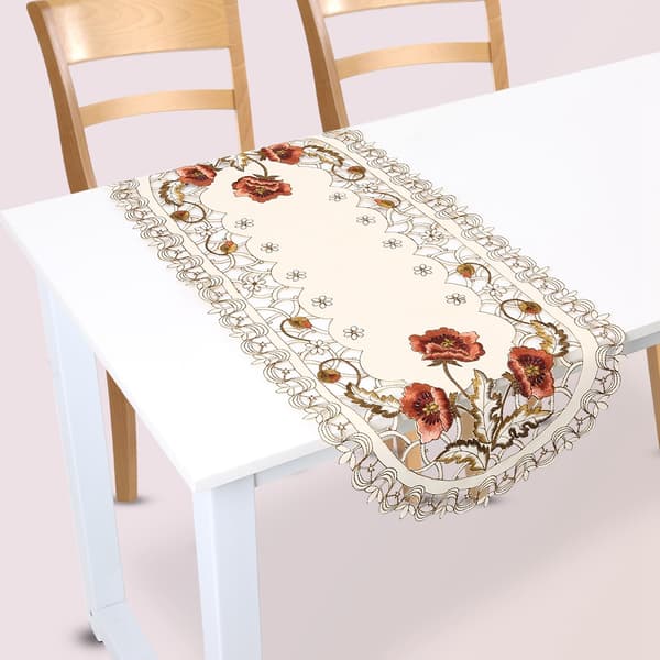 Rød Blomstret Hulbrodert Oval Bordløper