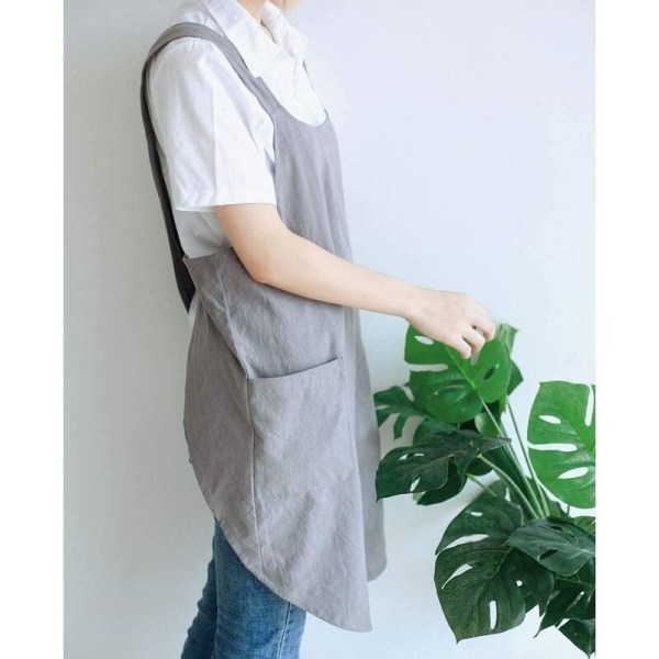 Kors ryg japansk linned køkkenforklæder til mænd med lommer til madlavning, maling, havearbejde, rengøring (grå til kvinder