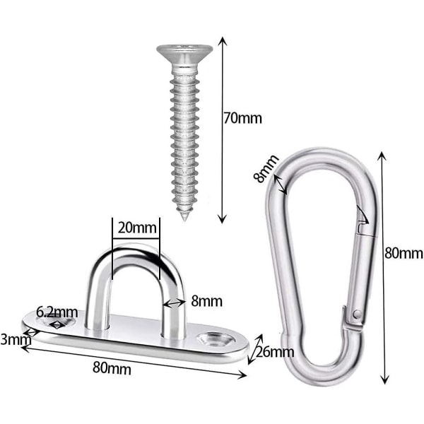 Kattokoukku, 2 kpl 304 ruostumattomasta teräksestä valmistettu silmukkalevy ja karabiinit, riippumatossa oleva ripustuskoukkusarja Heavy Duty ruostumattomasta teräksestä valmistettu koukku