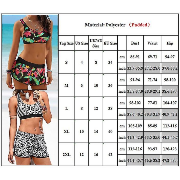 kvinder Blomster Push Up Crop Toppe Boy Shorts Bikini Sæt Svømmebadetøj Strandtøj Black and White 2XL