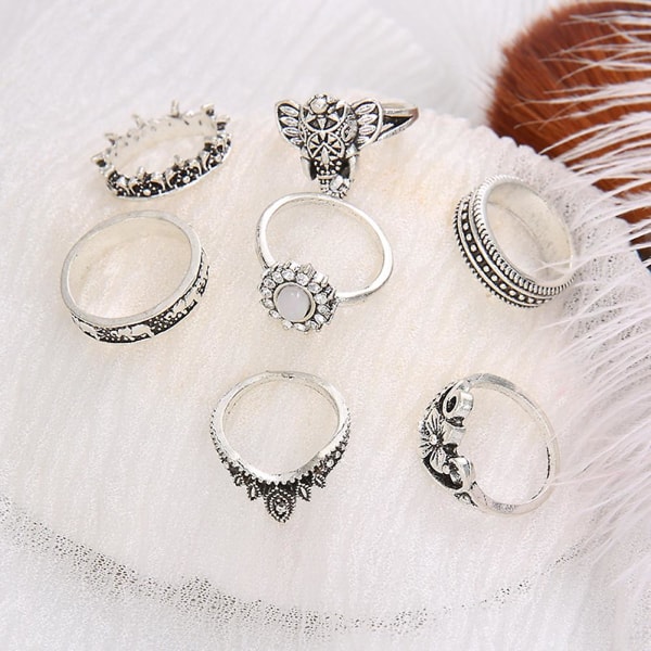 7 stk/sæt Bohemian Elephant Flower Faux Gemstone Finger Knuckle Ringe smykker