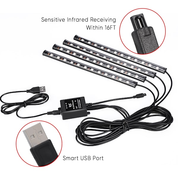 EECOO 4 stk. Bil LED Lys Strip Interiør Musik Lys Kit Underdash Lys