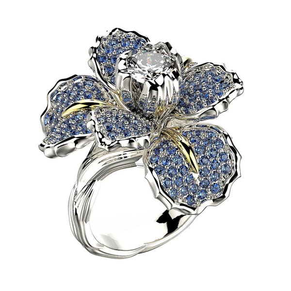 Kvinder Luksus Fuld Rhinestone Indlagt Iris Flower Finger Ring Bryllupssmykker Gave Blue US 7