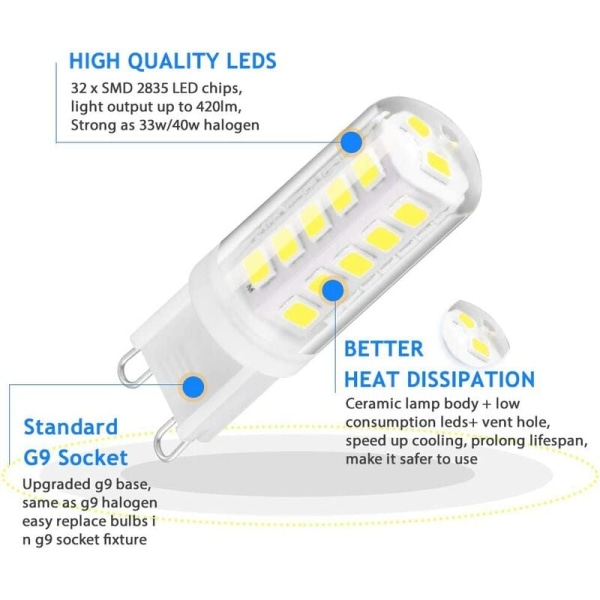 BETT G9 LED-lampa 5W Ekvivalent 33W 40W G9 Halogen, 420LM, Minilampa, Varmvit 3000K, flimmerfri, AC220-240V, N