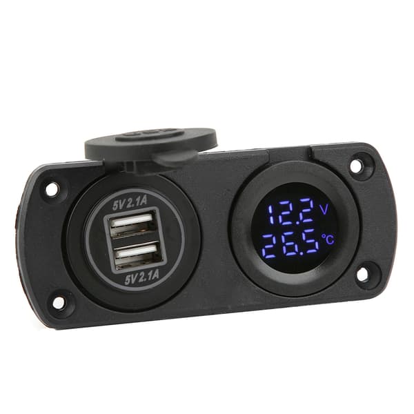 Blå 12V Dobbelt USB Biloplader Temperatur Voltmeter Cigartænderstik