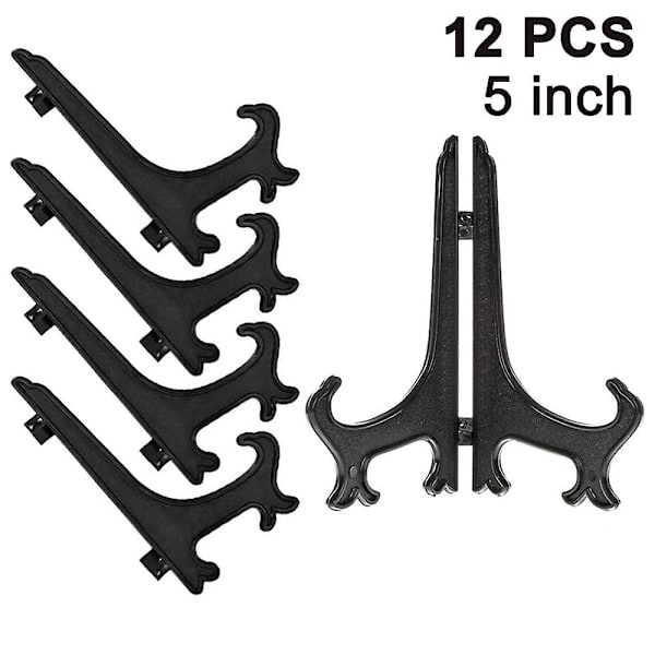 Piao 12 kpl muovitelineitä Lautastelineet, lautastelineet, taitettavat lautaset, esittelytelineet keräilylautasten esittelyyn, kulhotelineet, kirjat, P Black 5 inch