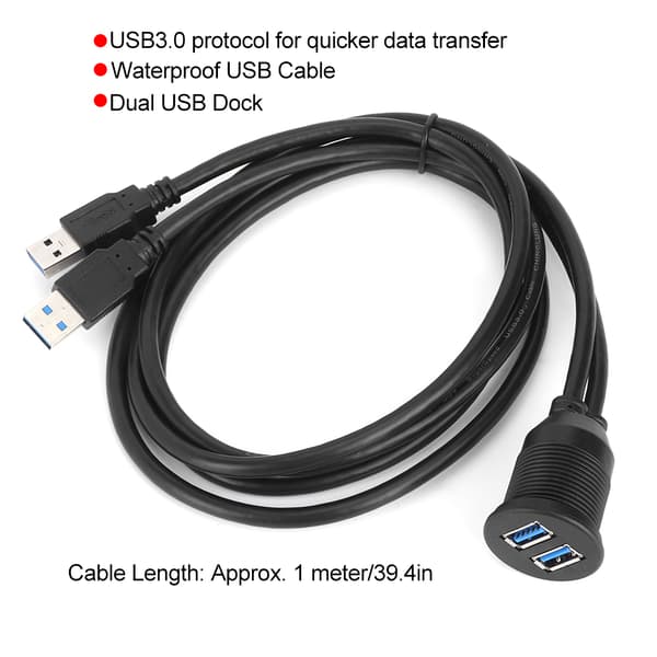 Dobbel USB 3.0 Datakabel Dashbord Innfelt Monteringspanel Vanntett 1 Meter 39.4in