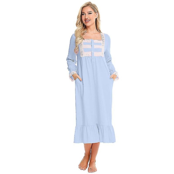 Victorian Nightgown puuvillainen Sleepshirt pitkähihainen M Light blue