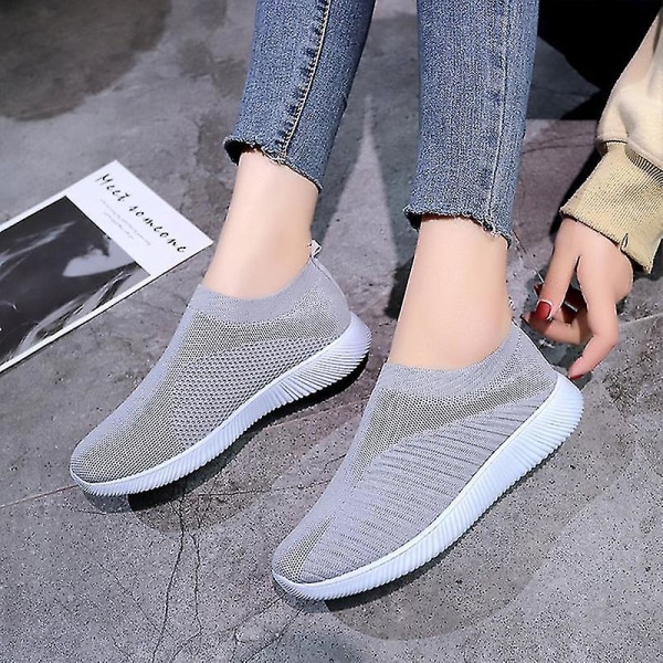 Kvinder Mesh Slip On Sport Flat Shoes Sneakers Grey 40