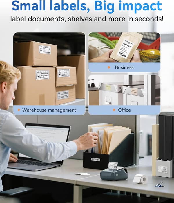 B1 Bluetooth Label Maker with Waterproof Tape, Versatile App with 60 Fonts and 1600 Icons, Sticker Label Printer, Compatible with iOS Blu