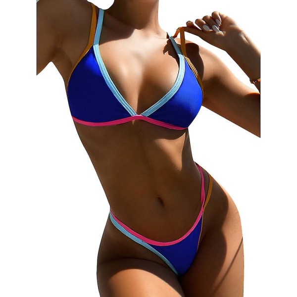 Womens Color Block Badedrakt Bikini Sett Thong Badetøy Blue L