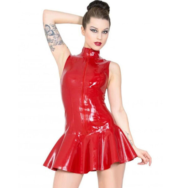 Damer Sexig Wet Look Faux Latex Läder Bodycon Klänning Front Dragkedja Stativ Krage Botten Flare Mini Klänning Pole Dance Clubwear Red L