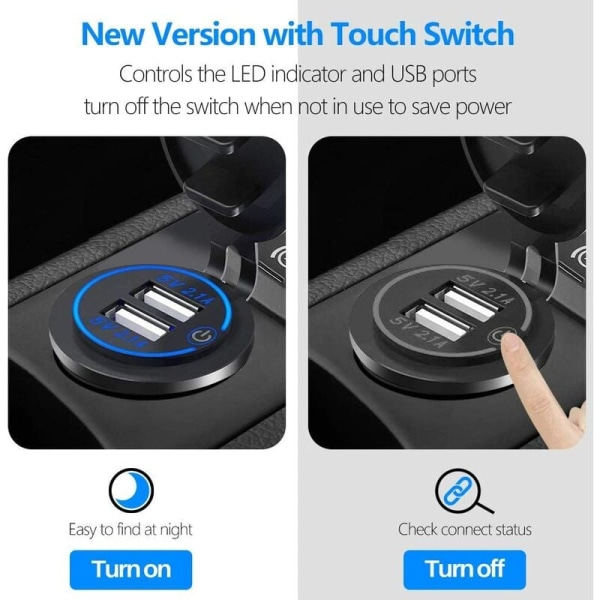 Dobbel USB-laderuttak, 5V/4.2A Dobbel USB-billaderstrømuttak med bryter for 12V/24V bil, båter og marine, motorc