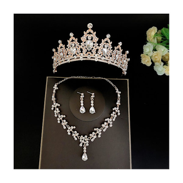 Bröllopsbröllops tiaror Crown Set med örhängen Kit & Necklack Handgjorda lyxiga Crystal hårtillbehör Gold 1
