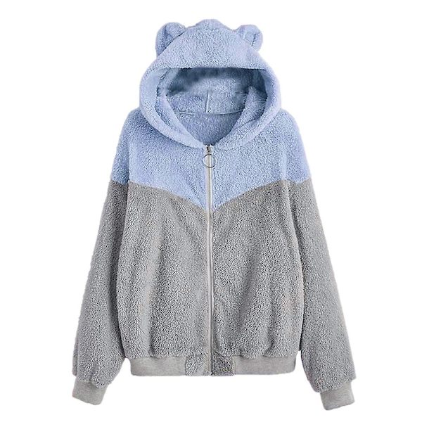Vinterplysch hoodie med dragkedja för damer med söta björnhörselkåpor Pink L