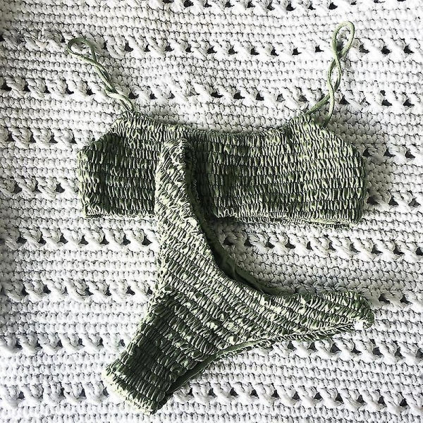 Kvinder Sommer Crinkle Bikini Sæt Plain Badetøj Badedragt Green M
