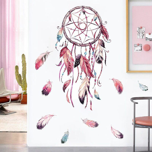Drømmefanger vægklistermærker Fjer Blomster Vægdekoration Stue Soveværelse Baby Pige Vuggestue Barn (96cm*48,5cm)