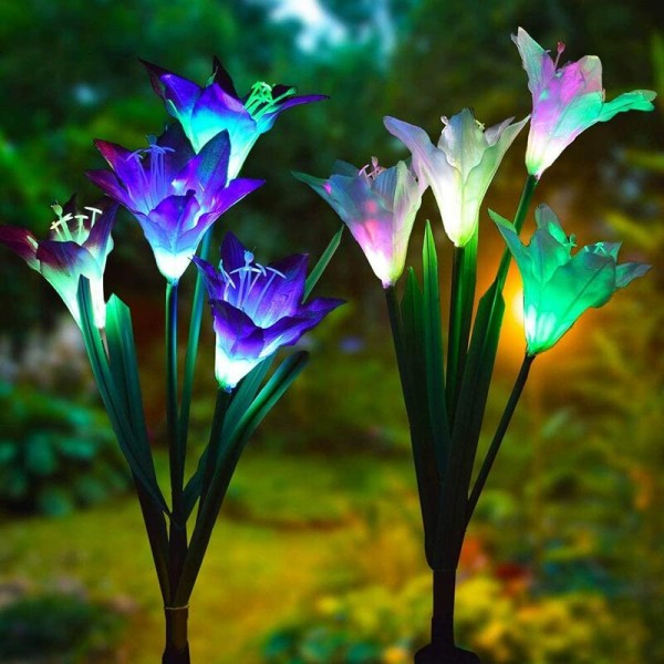 White Lily Color Light Solar Garden Light 2st Solar Simulation Flower 4 Head Lantern White Lily Color Light,