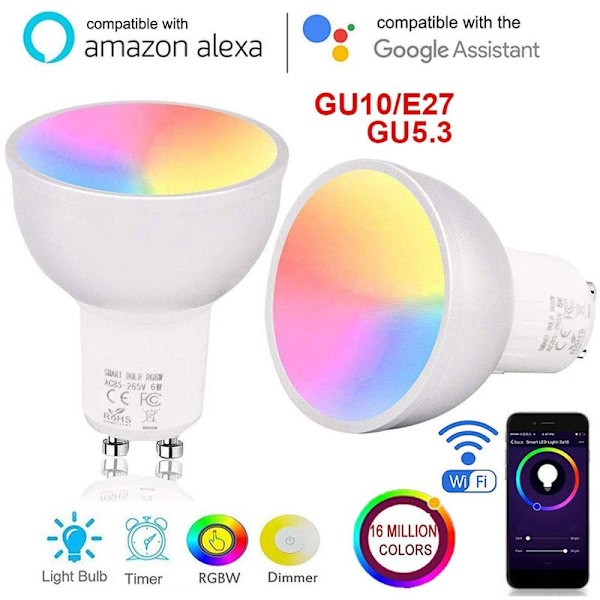 2st, RGB+WGU110, smart glödlampskopp, wifi-fjärrkontroll för mobiltelefon