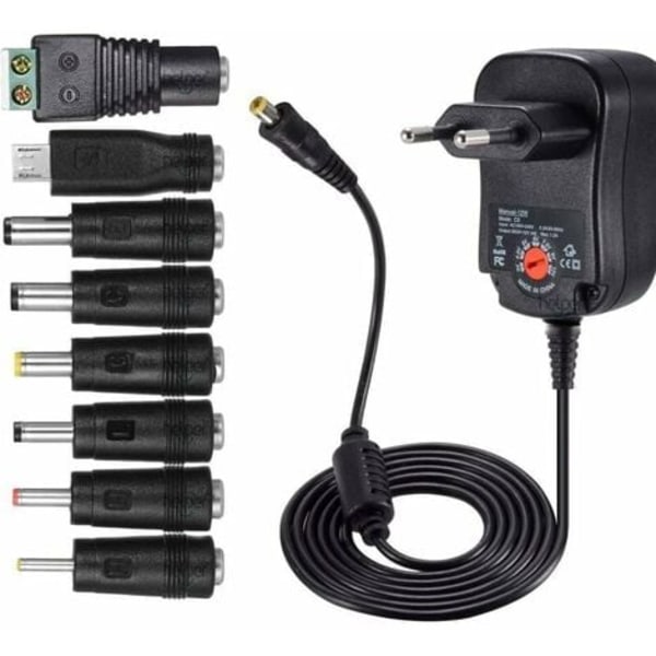 12W Universal AC DC power 3V 4,5V 5V 6V 7,5V 9V och 12V med 8 valbara adapterkontakter, 1000mA Max,