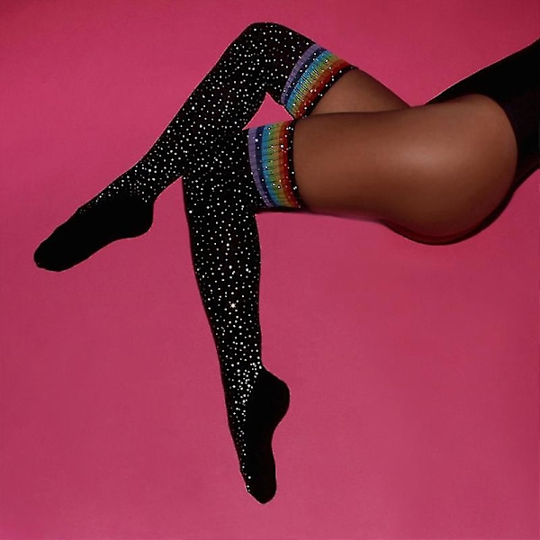 Naisten kimaltelevat kimaltelevat jalat lämpimät neonjuhlat seksikkäät pitkät sukat Black-Multicolor Stripe