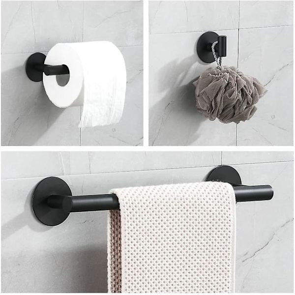 Mat sort 30 cm håndklædeholder kompatibel med badeværelse med toiletpapir dåse og krog, selvklæbende badeværelsestilbehør uden boring, 3 rum