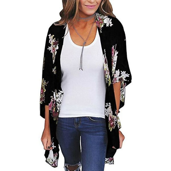 Dame Floral Kimono Cardigan Topper Sjal Cover Up Jakke Black S