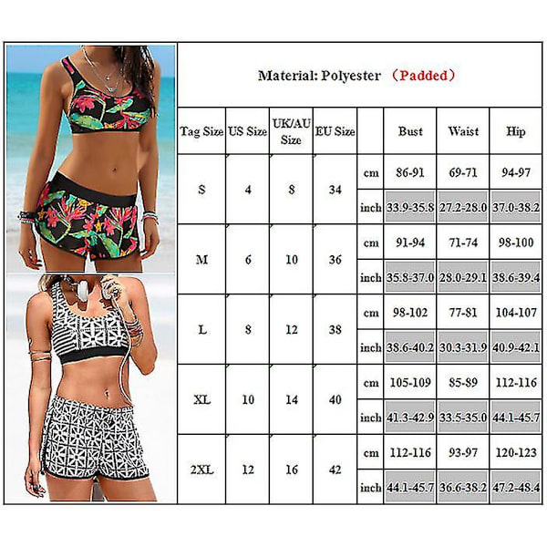 naiset Kukat Push Up Crop Topit Poikien shortsit Set Uima Uimahousut Rantavaatteet Black and White XL