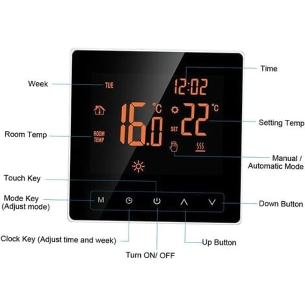 Smart termostat, elektrisk golvvärmetermostat, 16A, WiFi，