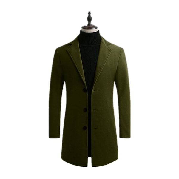 Mænd mellemlang uldfrakke Solid revers Mode Slim Fit Overfrakke XL Green