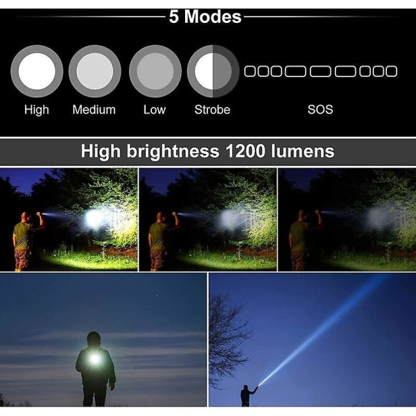 Tactical Torch 3000 Lumen Super Bright L2 Led Ficklampa USB Uppladdningsbar 5 Ljuslägen Picatinny Rail Mount And Push Switch för utomhusfiske [en]