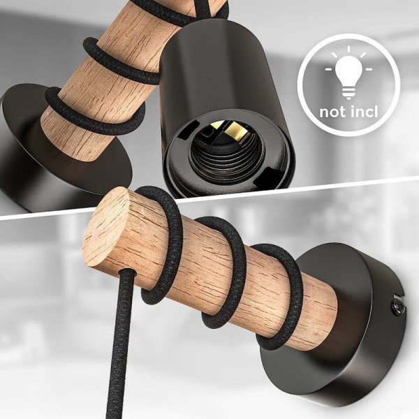 væglampe, industriel retrodesign, træ & metal, stue- og soveværelsesbelysning, E27 fatning, til 10W max LED-pære, sort,