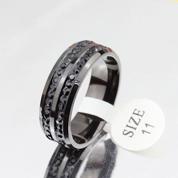 Unisex svart 2-rads rhinestone rostfritt stål bröllopsring Us storlek 7-12 7