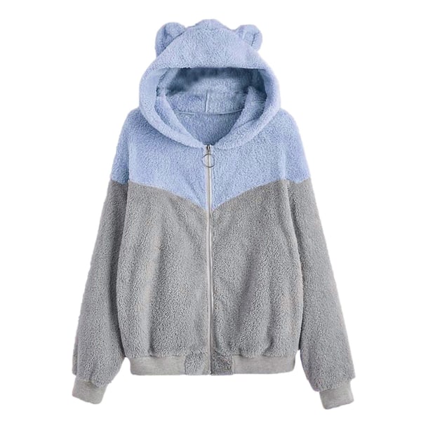 Vinterplysch hoodie med dragkedja för damer med söta björnhörselkåpor Blue 2XL