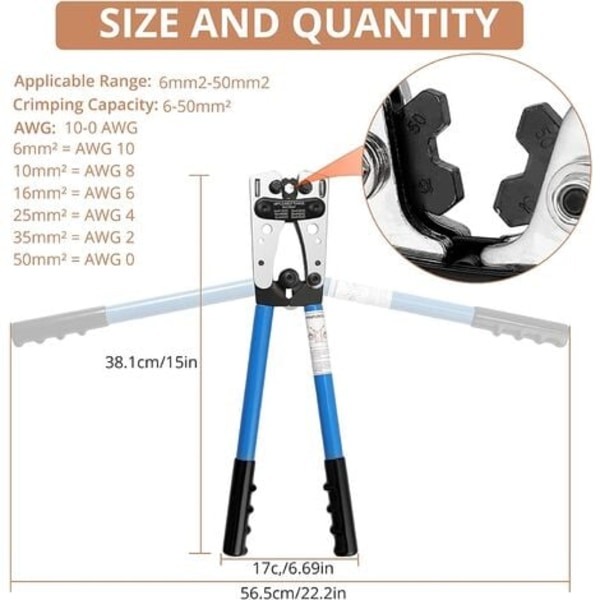 Krympetangsæt, AWG 10-0 Justerbar krympetang 6-50mm² Wire Terminal Crimping Tool Multifunktionel kabelskæring