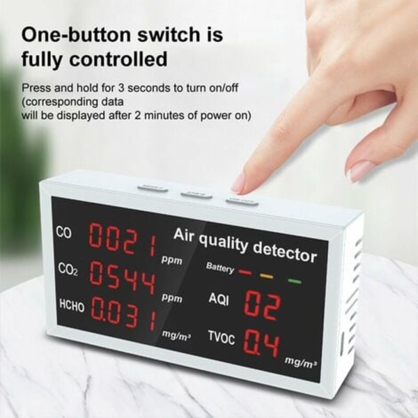 i 1 Multifunksjonell detektor LED-skjerm CO CO2 HCHO TVOC AQI Overvåking Hjemmekontor Høy nøyaktighet Rask deteksjon Air Q