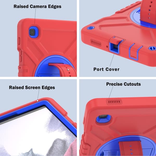 Samsung Galaxy Tab A7 Lite X Rotasjon Hybrid Silikondeksel med Stropp Röd Blå