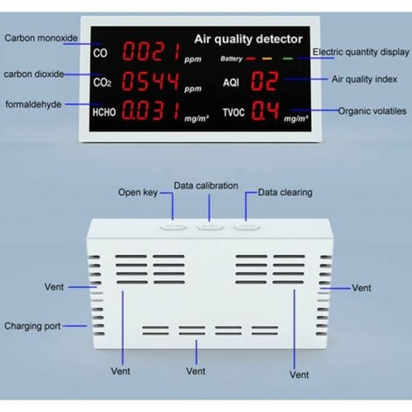 i 1 Multifunksjonell detektor LED-skjerm CO CO2 HCHO TVOC AQI Overvåking Hjemmekontor Høy nøyaktighet Rask deteksjon Air Q