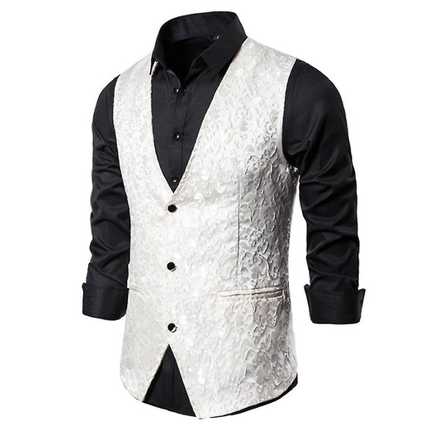 Herre enkeltradet vest Slim Fit formelt jakkesæt print vest L White