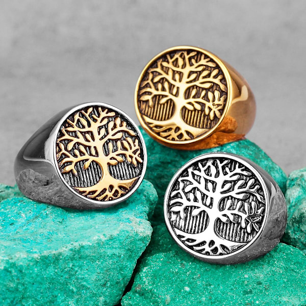 Tree of Life Amulett Rostfritt stål Herrringar Enkel Elegant Charm För Manlig Pojkvän Biker Smycken Kreativitet Gold Silver