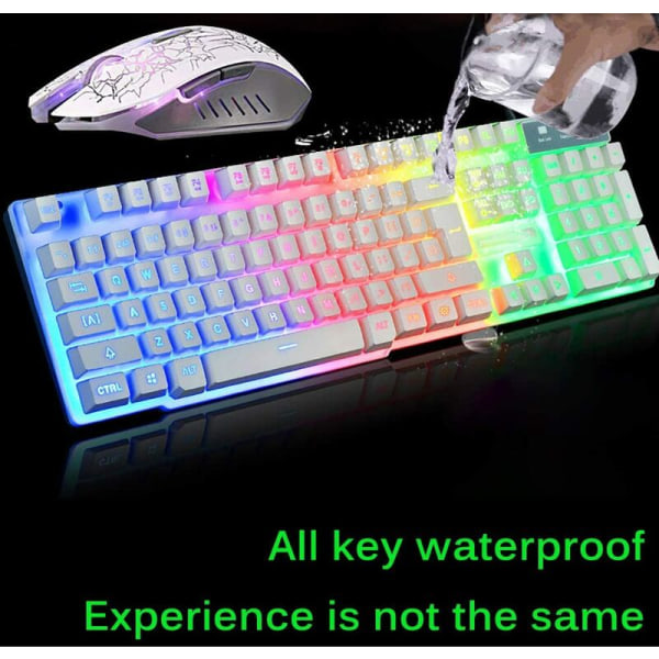 Rainbow LED Bakgrundsbelyst Gaming Tangentbord Mus Combo Ergonomiskt tangentbord + Gaming Mouse Game + Musmatta，vit