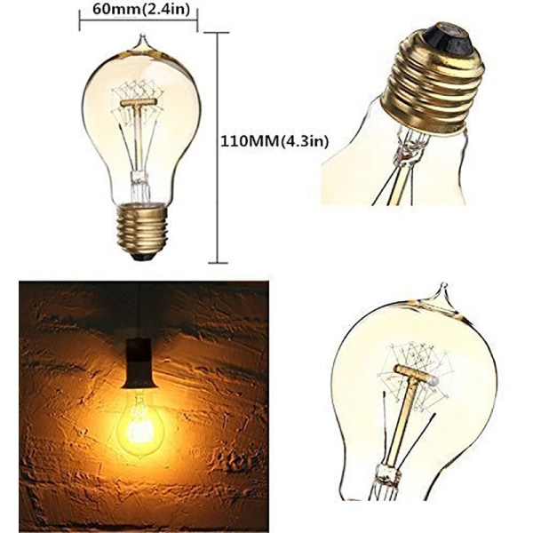 6stk Retro Vintage 40W A19 E27 Skrue Lyskilde E27 Cafe Bar A19 Wound 40W Tungsten Bulb 220V-240V