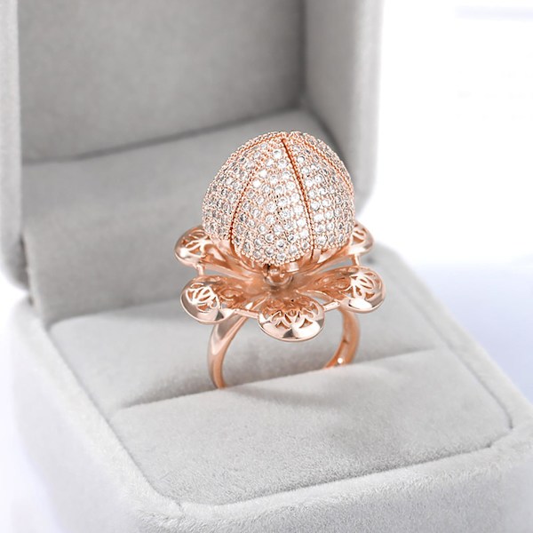 Kvinner Hul Åpen Ring Åpning Lukke Blomst Zircon Roterende smykkegave Golden