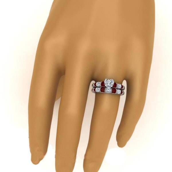 2 stk/sæt Retro Kvinder Faux Ruby Heart Rhinestone Indlagt Finger Ring Smykkegave US 7