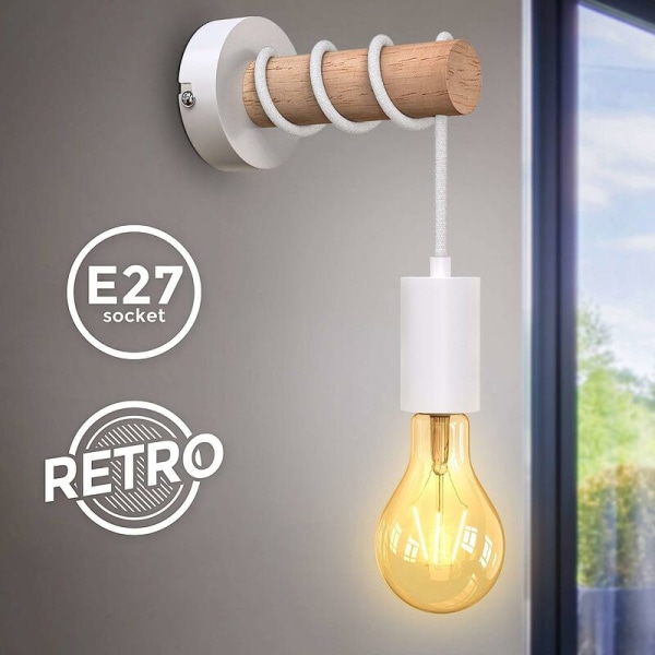 vägglampa, industriell retrodesign, trä & metall, vardagsrums- och sovrumsbelysning, E27-sockel, för 10W max LED-lampa, vit,