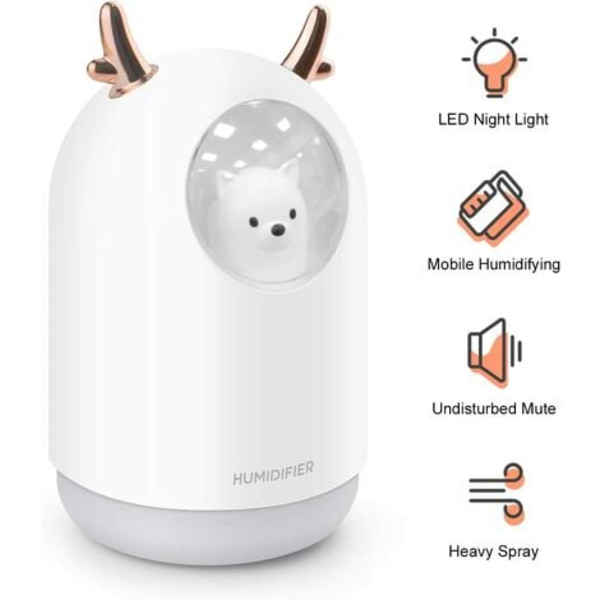 300 ml mini luftfukter, stille luftfukter med LED-lys, USB-stasjonær luftfukter Vannløs automatisk avstenging for hjem/seng