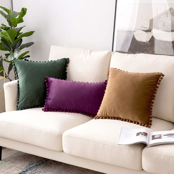Paket med 2 Sammets-kuddfodral Pompom Dekorativa örngott Solida mjuka kuddfodral Med Poms Fyrkantig För Soffa Soffa Sovrum Bil 18x18tum Da 16 x16 Dark Green