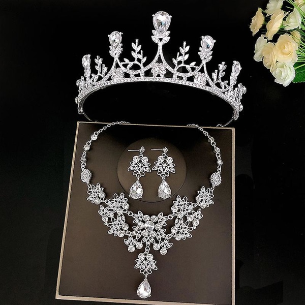 Brude tiaraer kronesett med øredobbersett & halslakk Håndlaget luksuskrystallhårtilbehør til 8