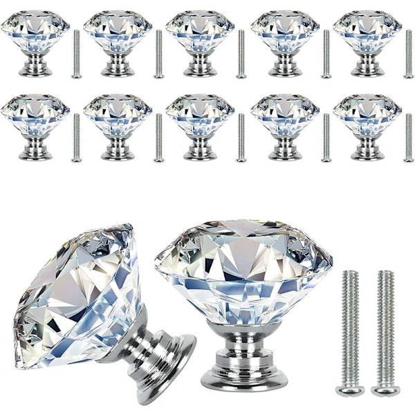 12 kpl Crystal oven nupit kahvat nupit 30 mm, laatikon kahva timanttilaatikon oven kaapin nuppi läpinäkyvä ruuveilla