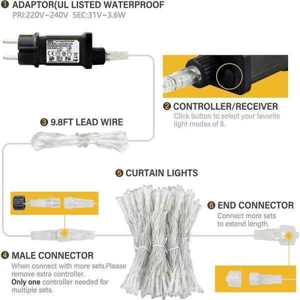 Gardinlys 300 LED-gardinlys 3M*3M 8 lysmoduser Vanntett IP44 utendørs og innendørs, dekorasjon til jul, bryllup, bursdag, vindu,